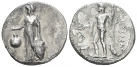 Pamphilia, Side Stater III cent., AR 21.00 mm., 10.24 g.
Athena standing l., holding Nike and spear resting her left and resting on a shield; in fiel...