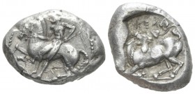 Cilicia, Kelenderis Stater circa 430-420, AR 22.20 mm., 10.79 g.
Nude youth, holding whip, dismounting from horse rearing to l. Rev. Goat kneeling l....