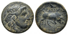 The Seleucid Kings, Seleucus I Nicator, 312 - 281 BC Sardes Bronze circa 281-280, Æ 15.00 mm., 2.55 g.
Winged head of Medusa r. Rev. Bull charging r....