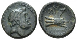 Phoenicia, Aradus Bronze circa 165-164, Æ 15.40 mm., 3.50 g.
Head of Zeus r. Rev. Triple-pointed ram of galley l.; above, date. SNG Cop. 37

Nice g...