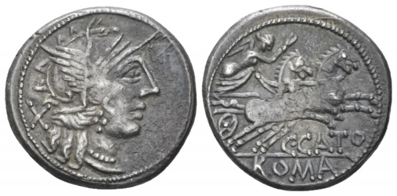 C. Porcius Cato. Denarius circa 123, AR 19.00 mm., 3.89 g.
Helmeted head of Rom...