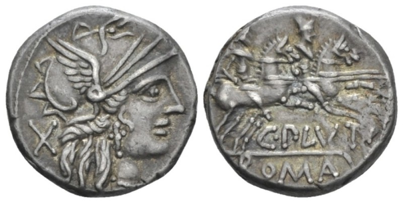 C. Plautius. Denarius circa 121, AR 18.00 mm., 3.87 g.
Helmeted head of Roma r....