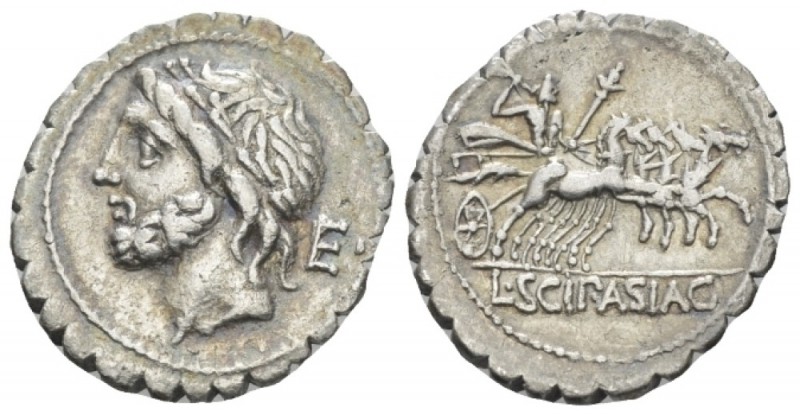 L. Cornelius Scipius Asiaticus Denarius serratus circa 106, AR 20.00 mm., 3.77 g...