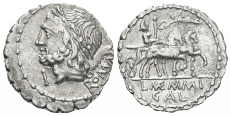 L. Memmius Galeria. Denarius serratus circa 106, AR 18.00 mm., 3.35 g.
Laureate...