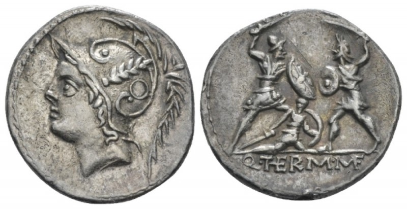 Q. Minucius M. f. Ter. Denarius circa 103, AR 18.50 mm., 3.92 g.
Helmeted head ...