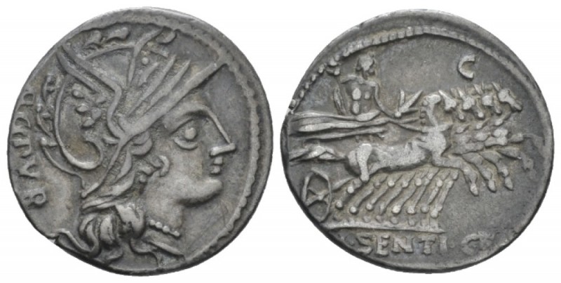 L. Sentius C. f. Denarius circa 101, AR 20.00 mm., 3.90 g.
Helmeted head of Rom...