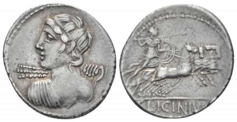 C. Licinius L.f. Macer. Denarius circa 84, AR 20.50 mm., 3.78 g.
 Bust of Apoll...