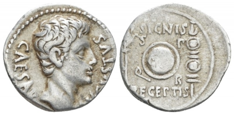 Octavian as Augustus, 27 BC – 14 AD Denarius Colonia Patricia (?) circa 19 BC, A...