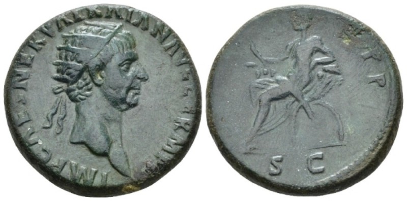 Trajan, 98-117 Dupondius circa 98-99, Æ 27.50 mm., 15.66 g.
Radiate head r. Rev...