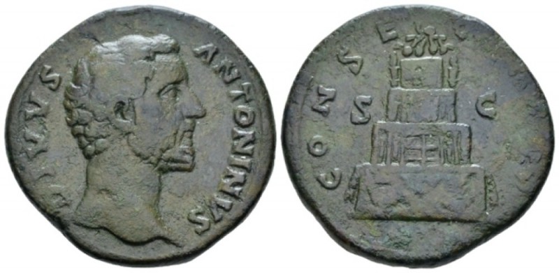 Divus Antoninus Pius. Sestertius after 161, Æ 31.00 mm., 24.66 g.
Bare head r. ...