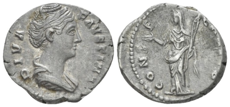 Diva Faustina. Denarius After 141, AR 18.80 mm., 3.75 g.
Diademed and draped bu...