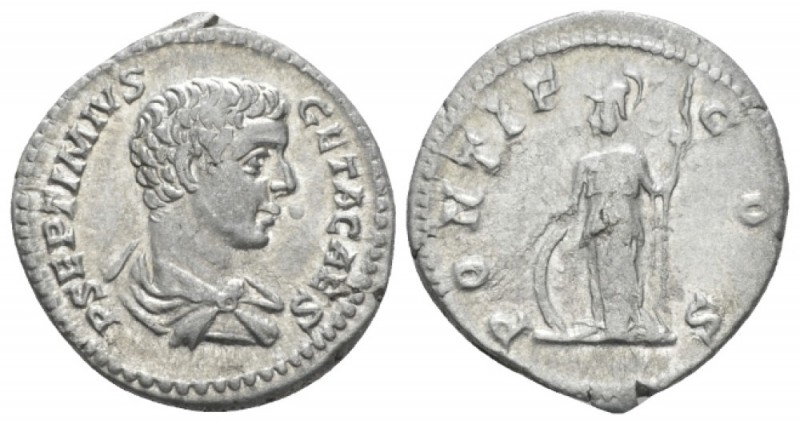 Geta Caesar, 198-209. Denarius circa 205-208, AR 18.10 mm., 3.25 g.
Draped bust...