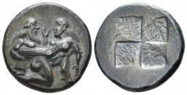Islands off Thrace, Thasos., Orphanides forgery Stater Early XX cent., PB 21.20 mm., 9.89 g.
Nude ithyphallic satyr, with long beard and long hair, m...