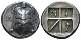 Aegina. Aegina, electrotype for Robert Ready (1859-1931) Stater Early XX cent., PB 21.70 mm., 8.22 g.
Turtle. Rev. N-I dolphin within quatripartite i...