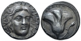 Islands off Caria, Rhodes., Orphanides forgery Tetradrachm Early XX cent., PB 23.00 mm., 14.77 g.
Head of Helios facing three-quarters r. Rev. Rose w...