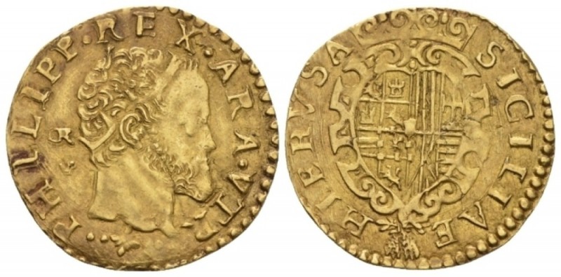 Naples, Philip II of Spain, 1556-1598. Scudo circa 1556-1598, AV 23.20 mm., 3.31...