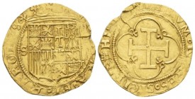 Sevilla, Giovanna and Carlo, 1504/1516-1556 Escudo circa 154-1556, AV 21.70 mm., 3.32 g.
Calico 55. Frd. 153.

Rare. Tiny flan crack, About Extreme...