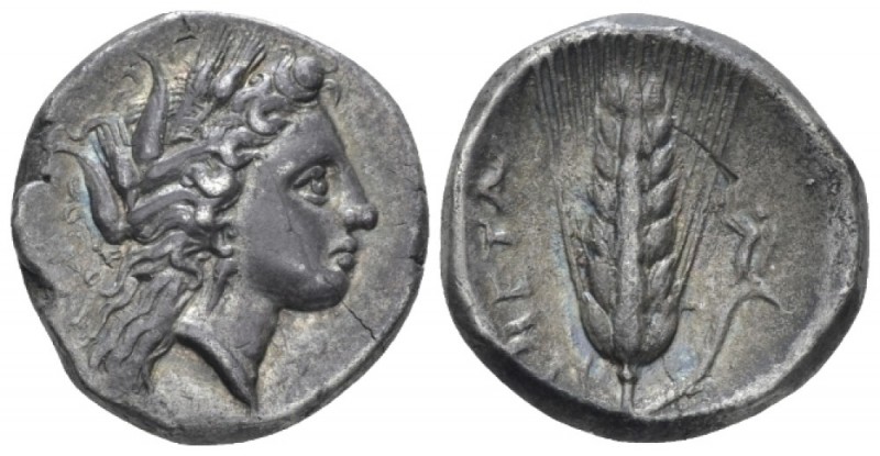 Lucania, Metapontum Nomos circa 330-290 BC, AR 20.00 mm., 7.73 g.
Barley-wreath...