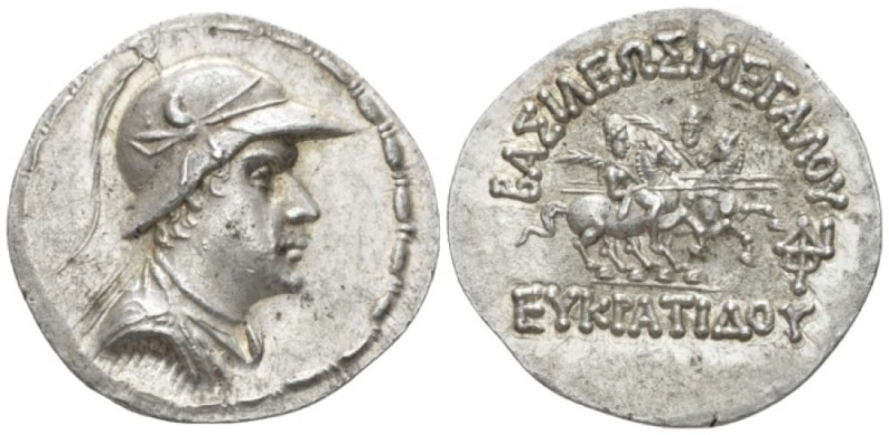 Bactria, Eucratides I, circa 170 – 145 Pushkalavati Tetradrachm circa 160-135 BC...