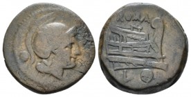 Uncia Luceria circa 214-212, Æ 17.80 mm., 4.64 g.
 Head of Roma r., wearing Attic helmet; behind, pellet. Rev. ROMA Prow r.; below, L and pellet. Syd...