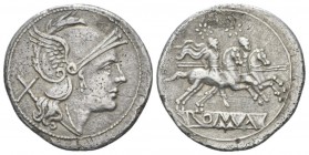 Denarius , AR 21.40 mm., 4.22 g.
Helmeted head of Roma r.; behind, X. Rev. The Dioscuri galloping r.; in exergue, ROMA partially incuse on raised tab...