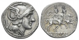 Quinarius circa 214-213, AR 15.50 mm., 2.20 g.
Helmeted head of Roma r.; behind, V. Rev. The Dioscuri galloping r.; in exergue, ROMA in linear frame....