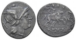 Apex and hammer series Denarius Central Italy circa 211-208, AR 16.50 mm., 3.64 g.
Head of Roma r., wearing helmet with straight visor; behind, X. Re...