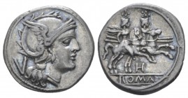 Quinarius South East Italy circa 211-210, AR 15.90 mm., 2.11 g.
Helmeted head of Roma r.; behind, V. Rev. The Dioscuri galloping r.; below, H and in ...