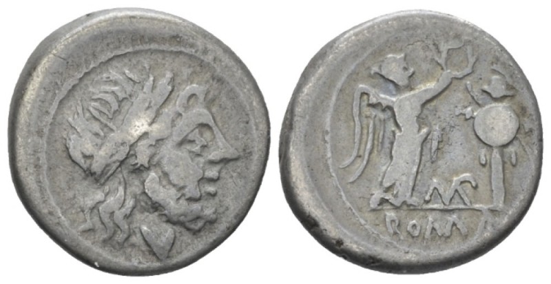 MP monogram. Victoriatus circa 211-208, AR 16.90 mm., 3.00 g.
Laureate head of ...