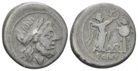 MP monogram. Victoriatus circa 211-208, AR 16.90 mm., 3.00 g.
Laureate head of Jupiter r. Rev. Victory standing r. erecting trophy; between, MP monog...