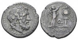 Q series Victoriatus Apulia (?) 211-210, AR 16.80 mm., 3.19 g.
Laureate head of Jupiter r. Rev. Victory crowning trophy; in centre field, Q. Sydenham...