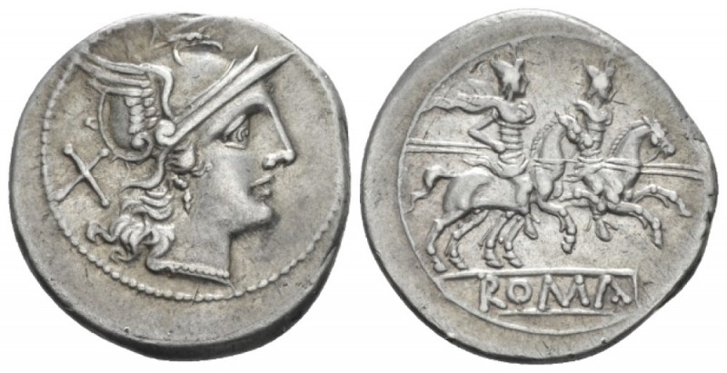 Denarius circa 189-180, AR 19.70 mm., 4.09 g.
Helmeted head of Roma r.; behind,...