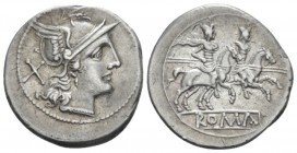 Denarius circa 189-180, AR 19.70 mm., 4.09 g.
Helmeted head of Roma r.; behind, X. Rev. The Dioscuri galloping r.; below, ROMA in partial tablet. Syd...