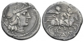 Denarius circa 189-180,, AR 17.60 mm., 3.47 g.
Helmeted head of Roma r.; behind, X. Rev. The Dioscuri galloping r.; below, AVTR ligate and ROMA in pa...