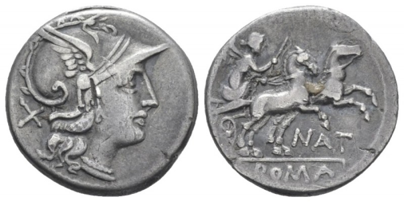 Pinarius Natta. Denarius circa 155, AR 18.00 mm., 3.69 g.
Helmeted head of Roma...