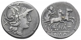 Pinarius Natta. Denarius circa 155, AR 18.00 mm., 3.69 g.
Helmeted head of Roma r.; behind, X. Rev. Victory in prancing biga r.; below, NAT and ROMA ...