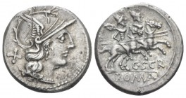 C. Scribonius Denarius circa 154, AR 18.10 mm., 3.90 g.
Helmeted head of Roma r.; behind, X. Rev. The Dioscuri galloping r.; below, C·SCR and ROMA in...