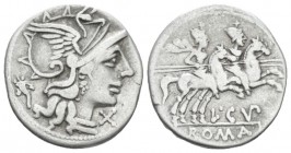 L. Cupiennus. Denarius circa 147, AR 18.00 mm., 3.73 g.
Helmeted head of Roma r.; behind, cornucopiae; before, X. Rev. The Dioscuri galloping r.; bel...