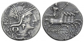 L. Minucius. Denarius circa 133, AR 18.80 mm., 3.74 g.
Helmeted head of Roma r.; behind, *. Rev. Jupiter in prancing quadriga r., hurling thunderbolt...