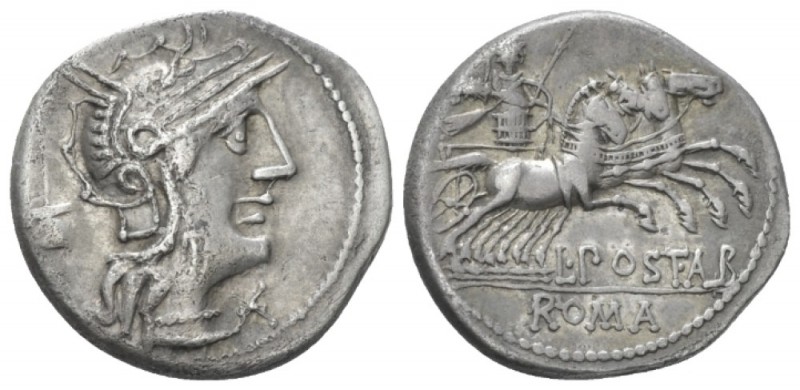 L. Postumius Albinus. Denarius circa 131, AR 19.30 mm., 3.89 g.
Helmeted head o...