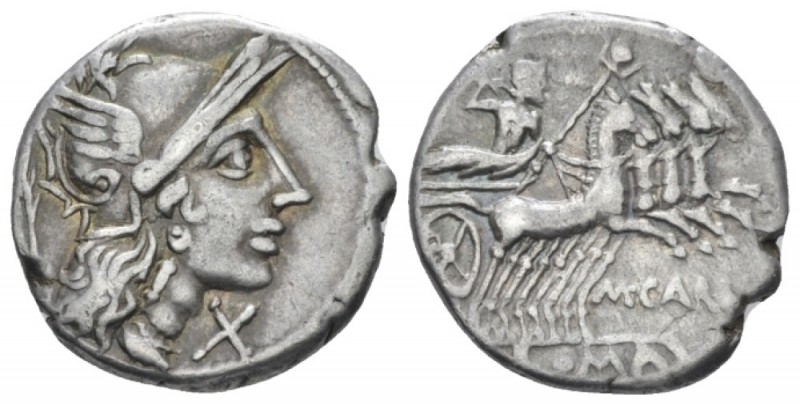 M. Papirius Carbo. Denarius circa 122, AR 17.80 mm., 3.86 g.
Helmeted head of R...