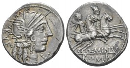 Q. Minicius Rufus. Denarius circa 122, AR 17.50 mm., 3.85 g.
Helmeted head of Roma r.; behind, RVF and below chin, X. Rev. The Dioscuri galloping r.;...