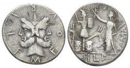 M. Furius L.f. Philus. Denarius circa 121, AR 18.30 mm., 3.17 g.
M·FOVRI·L·F Laureate head of Janus. Rev. Roma standing l., wearing Corinthian helmet...