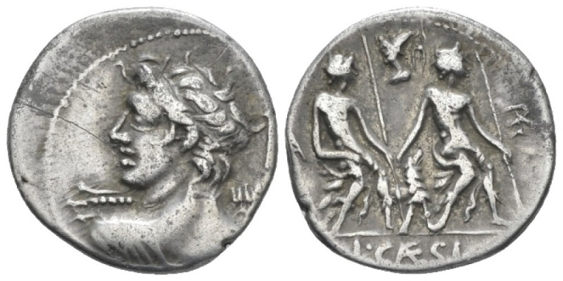 L. Caesius. Denarius 112 or 111, AR 20.00 mm., 3.82 g.
Bust of Apollo l. seen f...