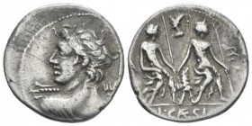 L. Caesius. Denarius 112 or 111, AR 20.00 mm., 3.82 g.
Bust of Apollo l. seen from behind, holding thunderbolt in upraised r. hand; in r. field, ROMA...