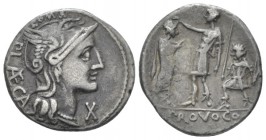 P. Laeca. Denarius circa 110 or 109, AR 19.00 mm., 3.78 g.
Helmeted head of Roma r.; below chin, mark of value *. Behind, P – LAECA and above helmet,...