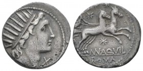 Mn. Aquillius. Denarius 109 or 108, AR 3.83 mm., 3.83 g.
Head of Sol r., before, X. Rev. Luna in biga r., holding reins with both hands; above, three...