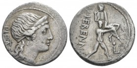 M. Herennius. Denarius circa 108 or 107, AR 18.20 mm., 3.82 g.
PIETAS Diademed head of Pietas r. Rev. M·HERENNI One of the Catanean brothers running ...