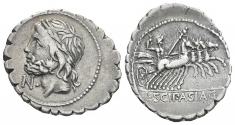 L. Cornelius Scipius Asiaticus. Denarius serratus circa 106, AR 21.60 mm., 3.85 ...