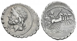 L. Cornelius Scipius Asiaticus. Denarius serratus circa 106, AR 21.60 mm., 3.85 g.
Laureate head of Jupiter l., before, T. Rev. Jupiter in fast quadr...